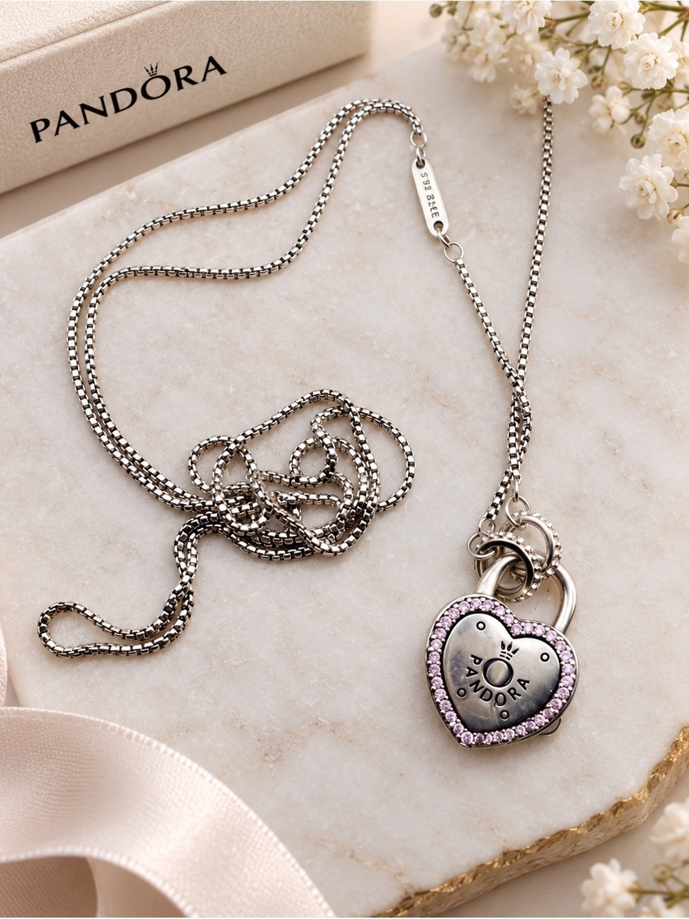 Pandora second hand long Silver Heart Pendant Necklace 925